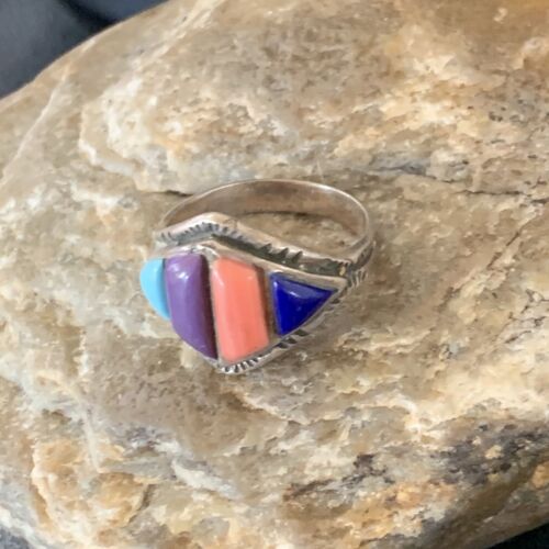 Navajo Multi-Color Turquoise Sugilite Coral Lapis Inlay Ring | Sterling Silver | Sz 9 | 12396