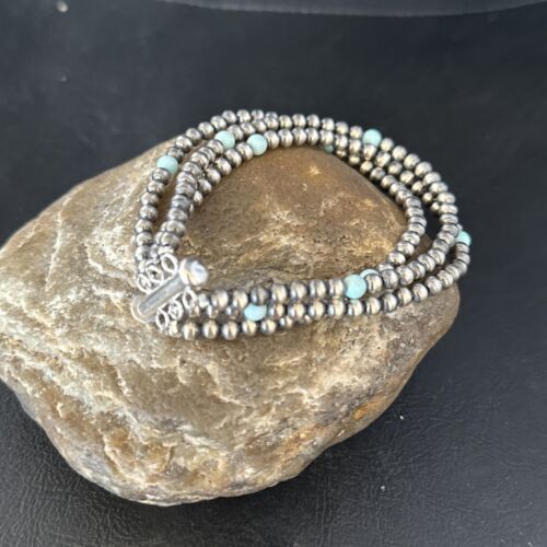 Navajo Pearls Blue Turquoise Bracelet | Sterling Silver | 3-Strand | Authentic Native American Handmade | 13588