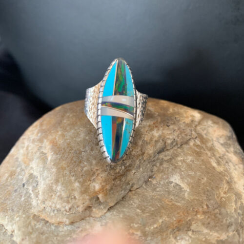 Multi-Color Opal & Turquoise Inlay Ring | Sterling Silver | Sz 8.5 | 01468