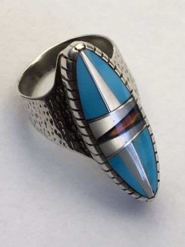 Navajo Multi-Color Opal & Turquoise Inlay Ring | Sterling Silver | Sz 8 | Authentic Native American Handmade | 01593