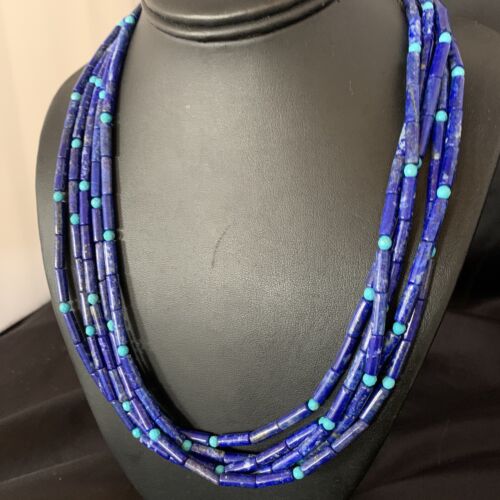 Women's Men's Sterling Silver Blue Denim Lapis Turquoise Necklace | 5 Strand | 22" | 13405