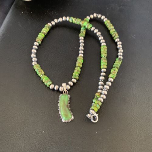 Navajo Green Gaspeite Turquoise Pendant | Sterling Silver | Authentic Native American Handmade | 13272