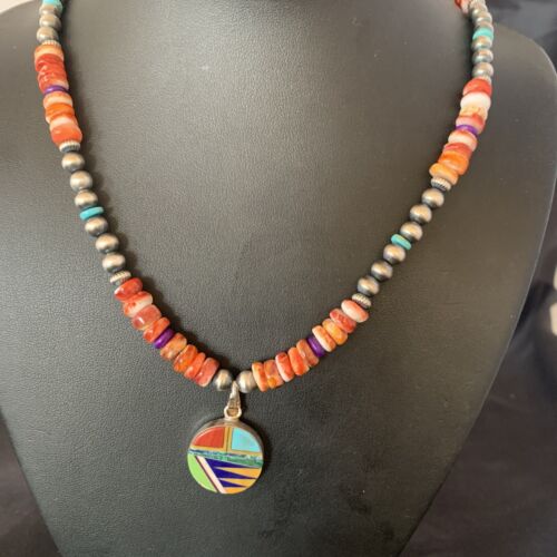 Navajo Multi-Color Spiny Turquoise Inlay Pendant Necklace | Sterling Silver | Authentic Native American Handmade | 12720