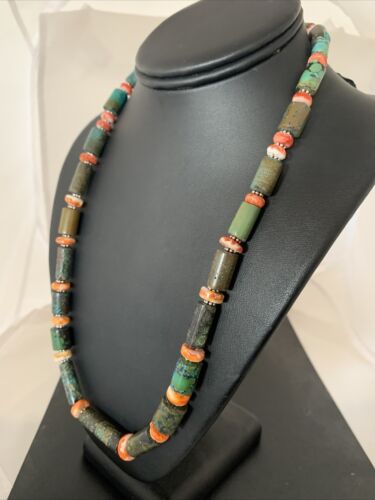 Navajo Green Turquoise and Spiny Oyster Necklace | Sterling Silver | Authentic Native American Handmade | 24" | 893