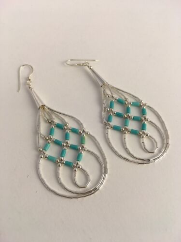 Native American Blue Turquoise Heishi Dangle Earrings | Sterling Silver | 2" | 8878