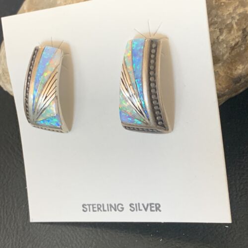 Navajo Blue White Opal Inlay Earrings | Sterling Silver | Authentic Native American Handmade | 12117