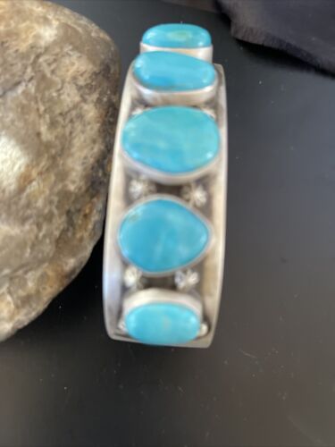 Navajo Blue Kingman Turquoise Cuff Bracelet | 5 Stone | Sterling Silver | Authentic Native American Handmade | 2051
