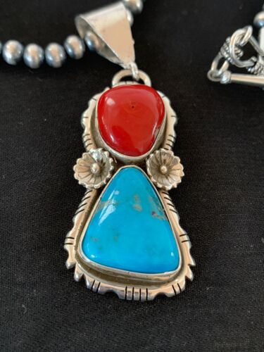 Navajo Kingman Turquoise, Coral, and Multi-Stone Pendant Necklace | Authentic Native American Sterling Silver | 2534
