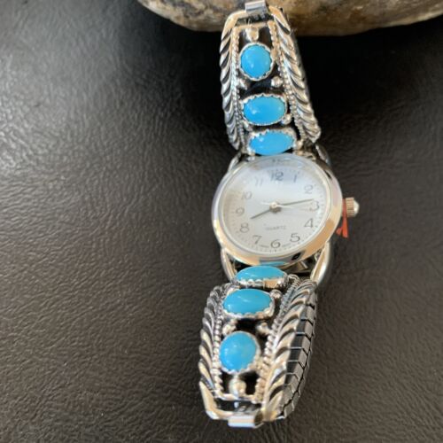 Navajo Sterling Silver Watch Tips | Blue Kingman Turquoise Band | Authentic Native American Jewelry | 11640