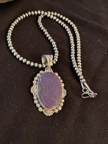 Southwestern Navajo Necklace | Sterling Silver Purple Charoite Pendant | Authentic Native American Handmade | 1353