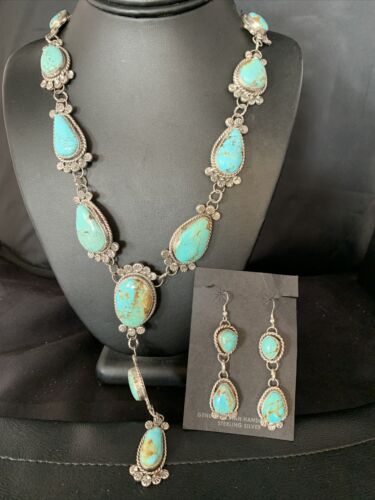 Navajo Sterling Silver Lariat Necklace 30" | Blue #8 Turquoise Earrings | Native American Handmade | 13770
