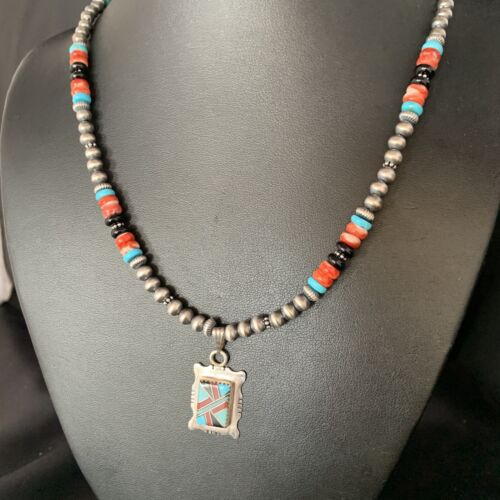 Navajo Multi-Color Turquoise Onyx Inlay Pendant Necklace | Sterling Silver | Authentic Native American Handmade | 13559