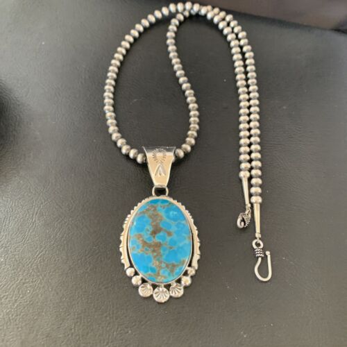 Navajo Pearls Blue Kingman Turquoise Necklace Pendant | Sterling Silver | Authentic Native American Handmade | 10765