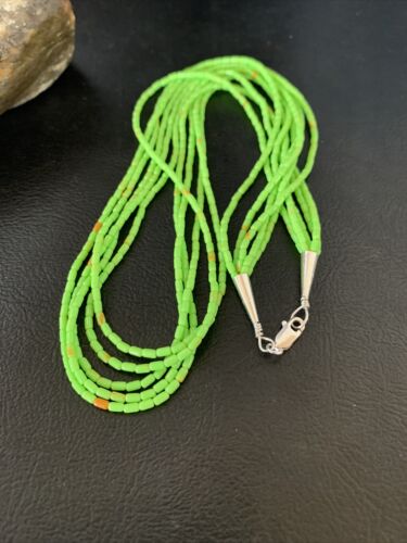 Native American Green Gaspeite Rice Heishi Necklace | 5 Strand | Sterling Silver | 20" | 12928