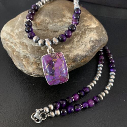Navajo Pearl Purple Mojave Turquoise Onyx Pendant Necklace | Sterling Silver | Native American Handmade | 13401