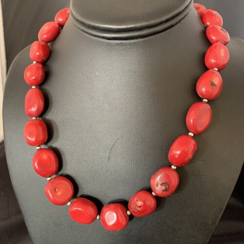 Native American Navajo Red Coral Bead Necklace | Sterling Silver | 18" | 13408