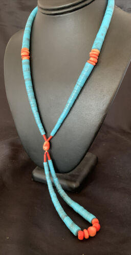 Southwestern Santo Domingo Pink Coral Blue Turquoise Jacla Necklace | 20" | Authentic Native American Handmade | 12515