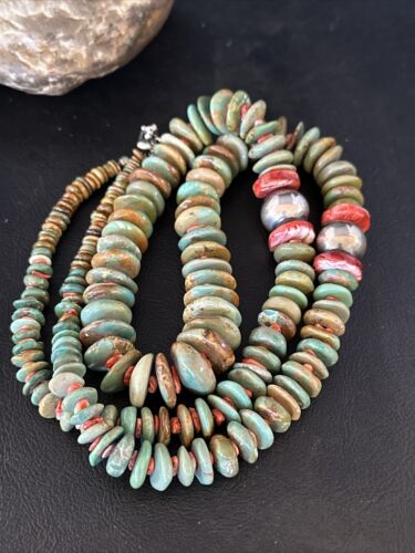 XL Green Turquoise & Red Spiny Oyster Navajo Sterling Silver Necklace | Authentic Native American | 32" | 14790