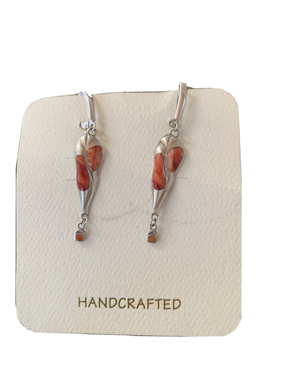 Navajo Red Spiny Oyster Inlay Earrings | Sterling Silver | 2" | Authentic Native American Handmade | 1520
