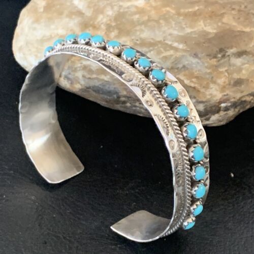 Native American Zuni Blue Turquoise Cuff Bracelet | Sterling Silver Handmade | 12694 - Masha USA