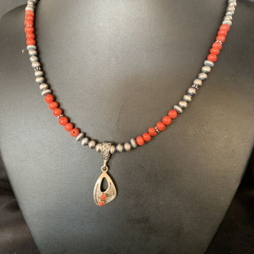 Native American Navajo Red Coral Pendant Necklace | Sterling Silver | 13842