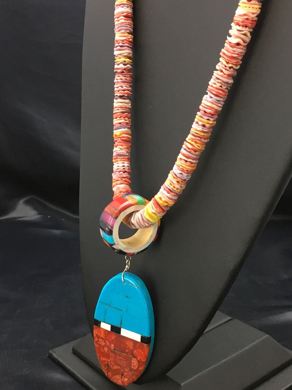 Authentic Native American Santo Domingo Multi-Color Spiny Sterling Silver Necklace with Inlay Pendant | 24" | 2915