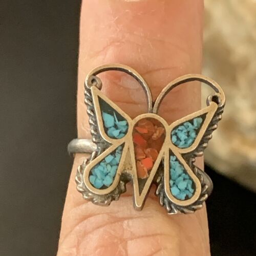 Navajo Women's Butterfly Turquoise Ring | Sterling Silver Inlay | Sz 5 | Authentic Native American | 10891