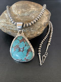 Men's Navajo Pearl Necklace with Blue Spiderweb Turquoise Pendant | Sterling Silver | 10543