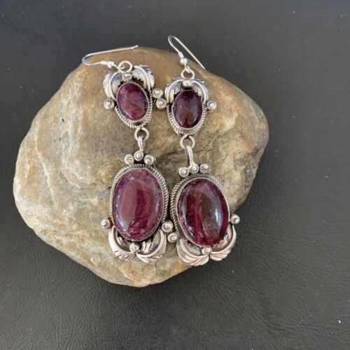 Navajo Purple Spiny Oyster Dangle Earrings | Sterling Silver | Authentic Native American Handmade | 12179