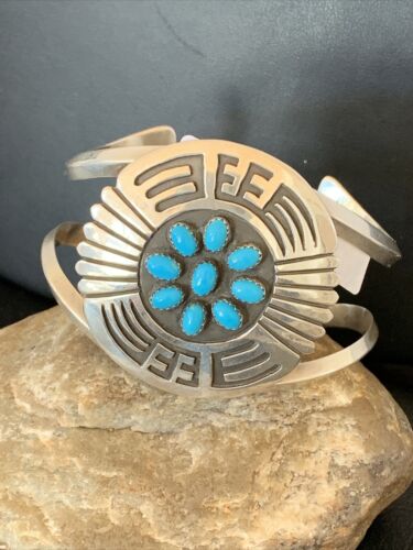 Navajo Sterling Silver Kingman Turquoise Cuff Bracelet | Men's Cluster | Blue | 1651