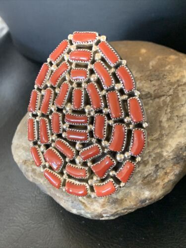 Navajo Red Coral Cluster Ring | Authentic Native American Sterling Silver | Multi-Stone | Sz 7 | 12231