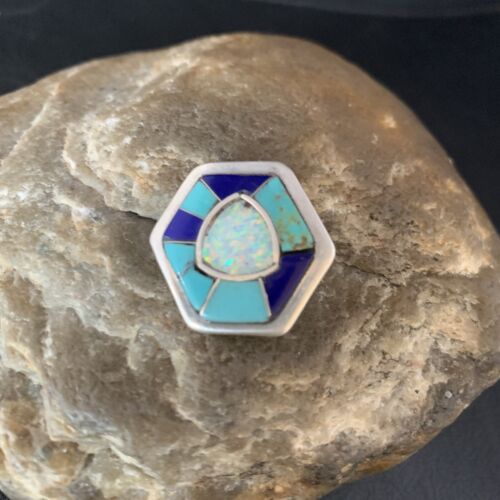 Navajo Blue Turquoise Lapis Opal Necklace Pin | Sterling Silver | 1" | Authentic Native American Handmade | 13697