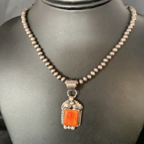 Navajo Red Spiny Oyster Square Pendant Necklace | Sterling Silver | Authentic Native American Handmade | 13636