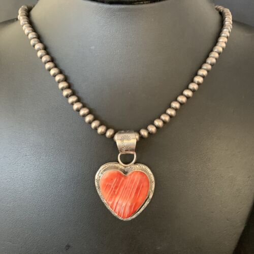 Navajo Red Heart Spiny Oyster Pendant Necklace | Sterling Silver | Authentic Native American Handmade | 13951