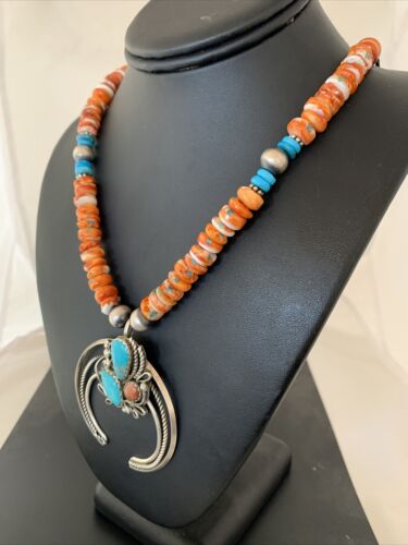 Navajo Turquoise & Spiny Oyster Naja Pendant Necklace | Sterling Silver Navajo Pearls | 1020