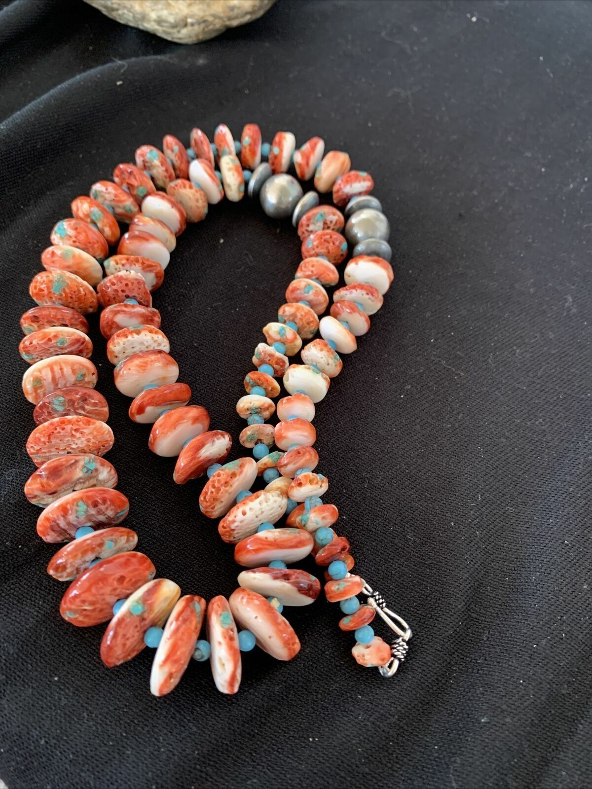 Navajo Red Spiny Oyster & Turquoise Necklace | Sterling Silver Graduated Navajo Pearls | Authentic Native American | 28" | 00912