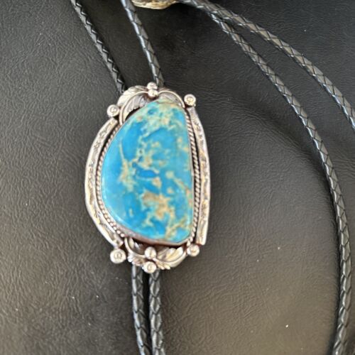 Navajo Blue Kingman Turquoise Bolo Tie | Sterling Silver | Authentic Native American Handmade | 14253