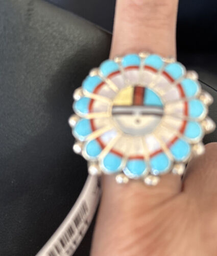 Navajo Zuni Sun Face Ring | Sterling Silver Turquoise Onyx Mother of Pearl Inlay | Sz 8 | 14451