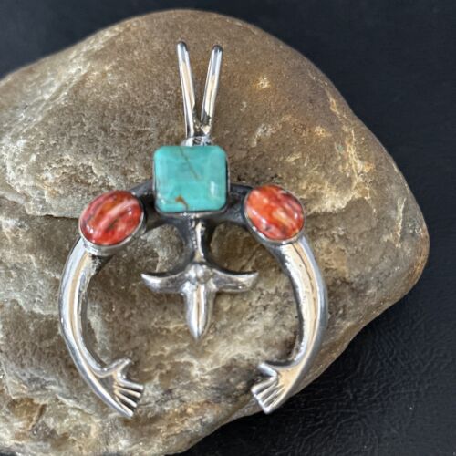 Navajo Blue Turquoise Red Spiny Oyster Naja Pendant | Sterling Silver | Authentic Native American Handmade | 14679