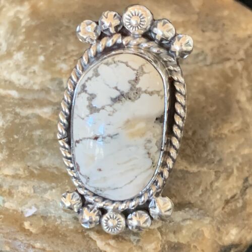 Navajo White Buffalo Turquoise Ring | Sterling Silver | Sz 8.5 | Authentic Native American Handmade | 13348