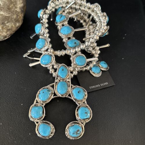 Kingman Turquoise Squash Blossom Necklace | Navajo Sterling Silver Naja | Authentic Native American | 14456