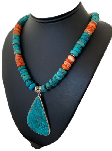 Spiny Oyster Turquoise Navajo Pearls | Spiderweb Pendant | Sterling Necklace | Southwestern | 00835