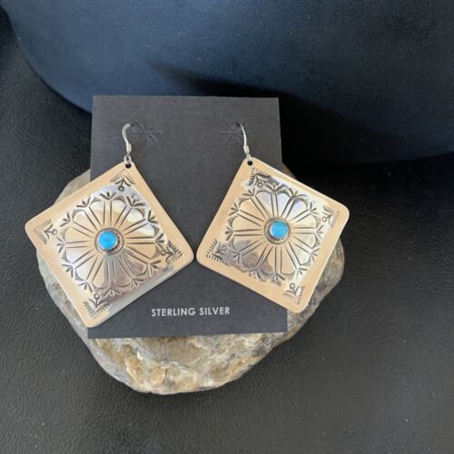 Navajo Blue Turquoise Earrings | Stamped Sterling Silver | Authentic Native American Handmade | 13321