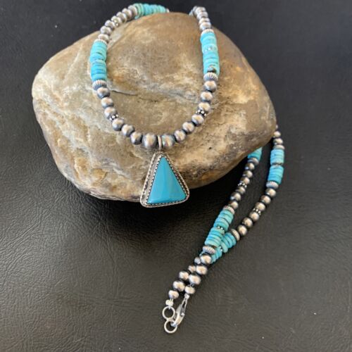 Men's Blue Turquoise Pendant Necklace | Navajo Pearls | Sterling Silver | Native American Handmade | 12616