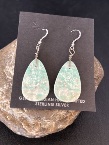 Southwestern Navajo Slab Turquoise Dangle Earrings | Sterling Silver | Authentic Native American Handmade | 01354