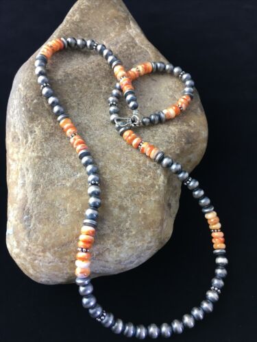 Authentic Navajo Sterling Silver Orange Spiny Oyster Necklace | 21" | Single Strand | Native American Jewelry | 1767