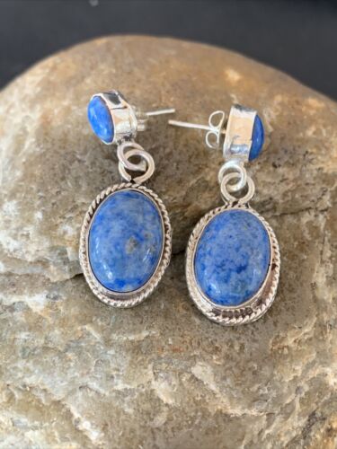 Navajo Denim Lapis Dangle Earrings | Sterling Silver | 1.1" | Authentic Native American Handmade | 1701