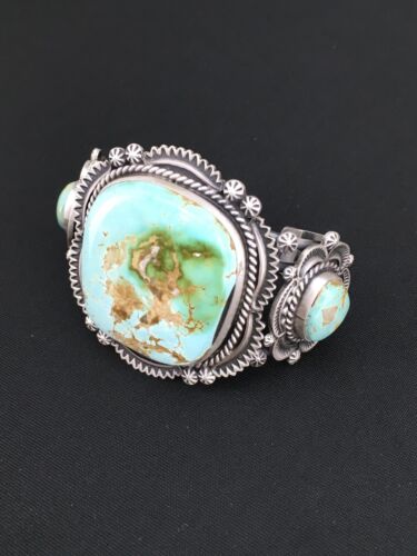 Men's Navajo Royston Turquoise Cuff Bracelet | Sterling Silver | 3 Stones | Authentic Native American Handmade | 1131