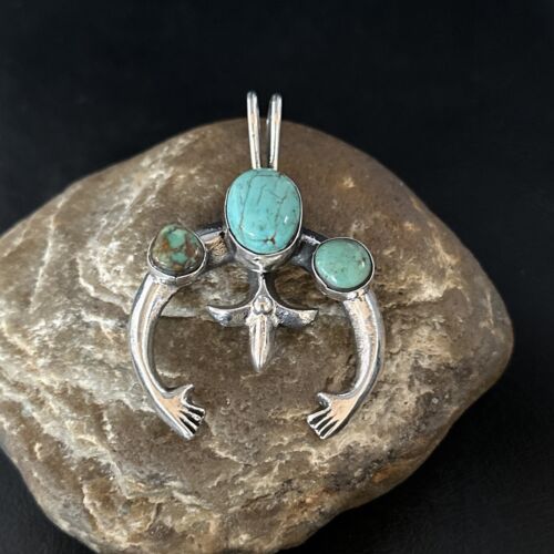 Navajo Sterling Silver Blue #8 Turquoise Naja Pendant | Authentic Native American Handmade | 14667