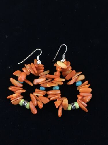 Navajo Orange Coral Turquoise Earrings Set | Sterling Silver | Authentic Native American Handmade | 1784